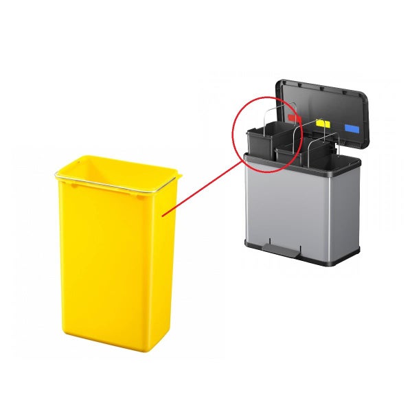 Gelber Inneneimer aus Kunststoff für Mülltrennsystem mit Tragebügel aus Metall.