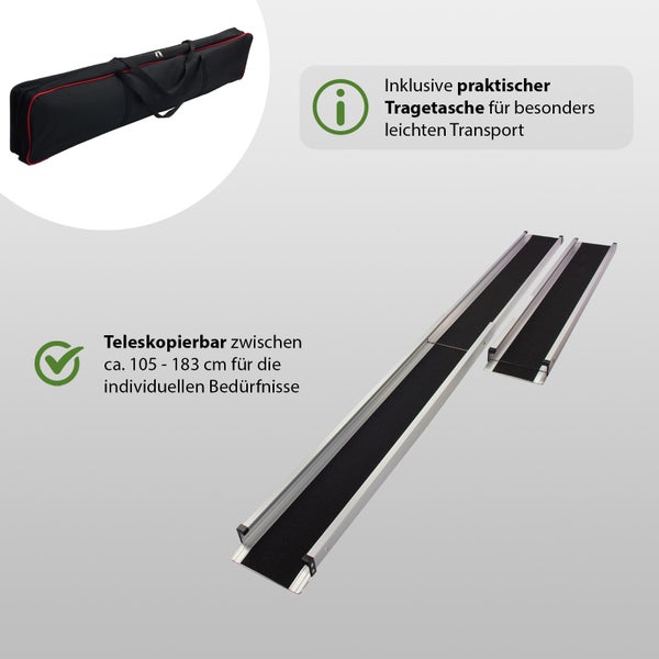 Teleskopierbare Rollstuhlrampe mit Tragetasche, Länge circa 105 bis 183 Zentimeter