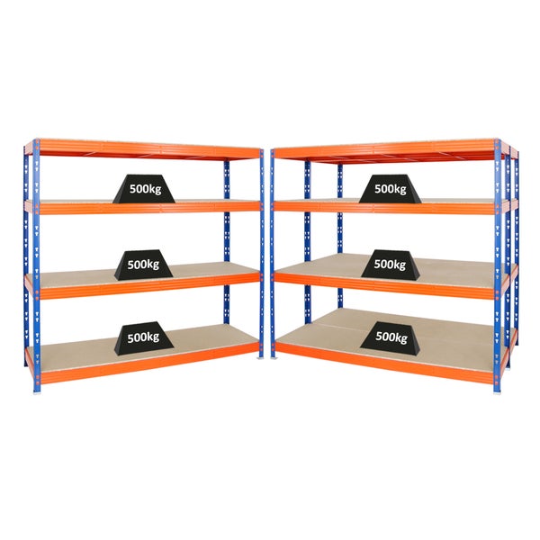 PROREGAL Mega Deal 3x Profi Schwerlastregal Rhino HxBxT 180 x 200 x 60 cm 4 Spanplatten-Ebenen 16mm Fachlast 500 kg Blau-Orange