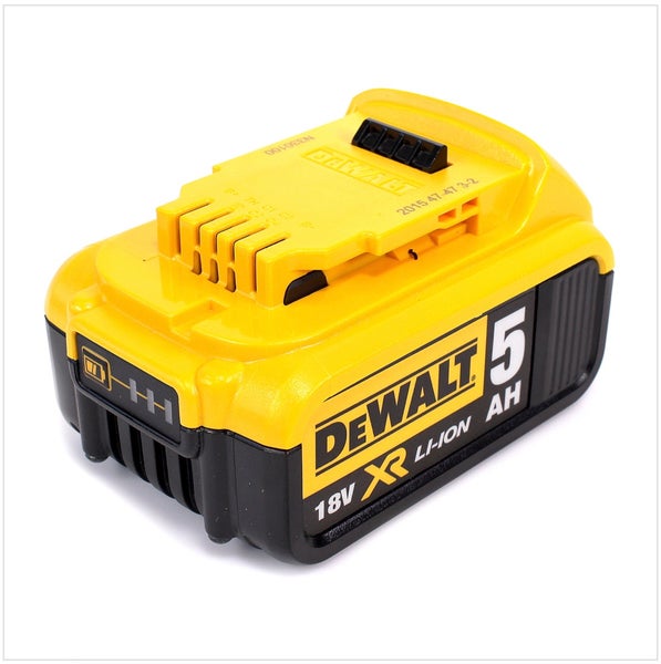 DeWalt 18 Volt Lithium-Ionen Akku mit 5 Amperestunden Kapazität und Ladestandsanzeige.