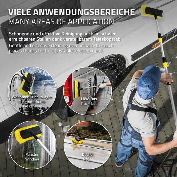 ECD Germany Autowaschbürste mit Teleskopstiel von 130-300 cm ausziehbar, mit An/Aus Schalter, weiche Borsten, Aluminium Auto Waschbürste für Wohnmobil Lkw Kfz Boot, Reinigungsbürste mit langer Griff