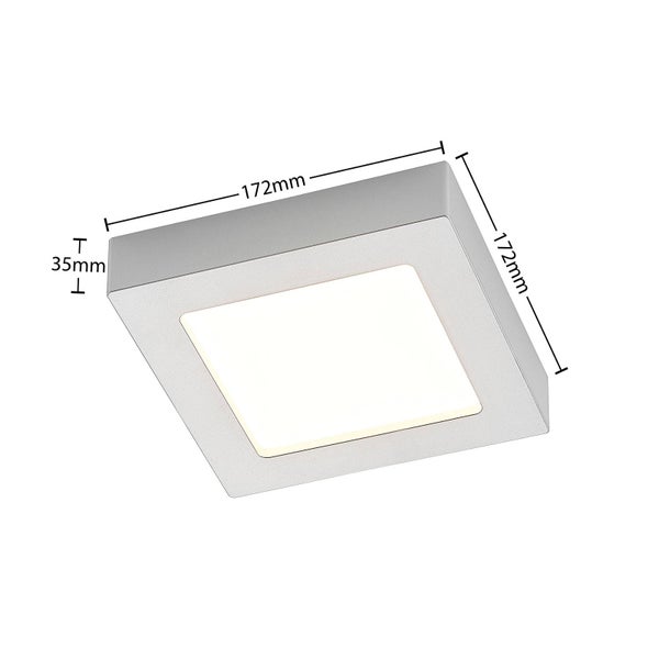 Quadratische LED-Deckenleuchte mit den Maßen 172 Millimeter mal 172 Millimeter und einer Höhe von 35 Millimeter.