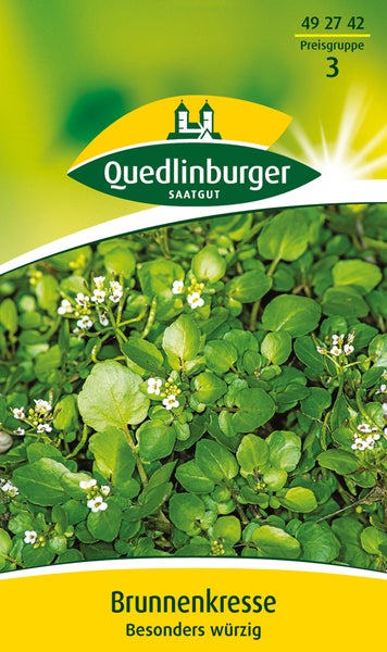 Samentüte für Brunnenkresse von Quedlinburger Saatgut mit Quedlinburger Logo und einer Abbildung von grünen Blättern und weißen Blüten.