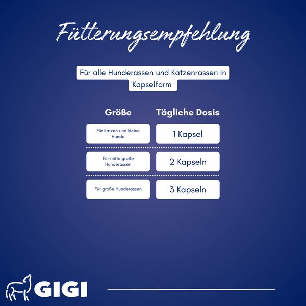 Dosierungsempfehlung für Hunde und Katzen nach Größe in Kapselform