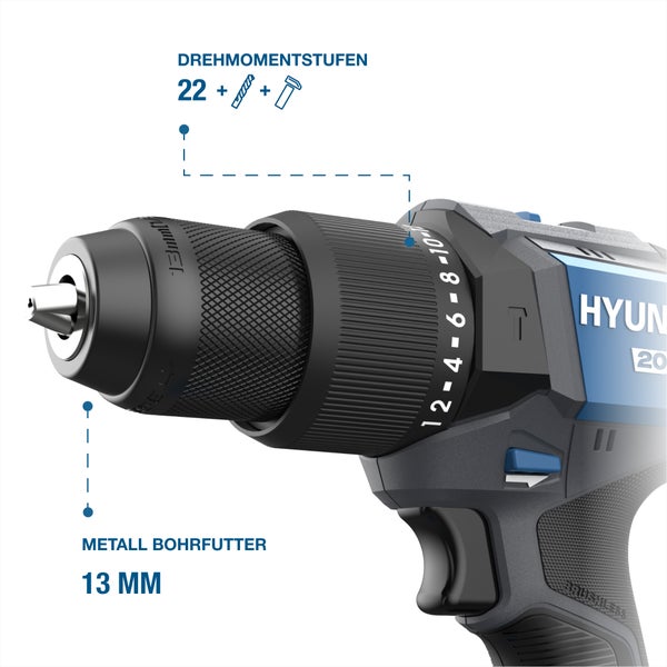 Hyundai Akku-Bohrschrauber mit 13 Millimeter Metallbohrfutter, 22 Drehmomentstufen sowie Bohr- und Schlagbohrfunktion.