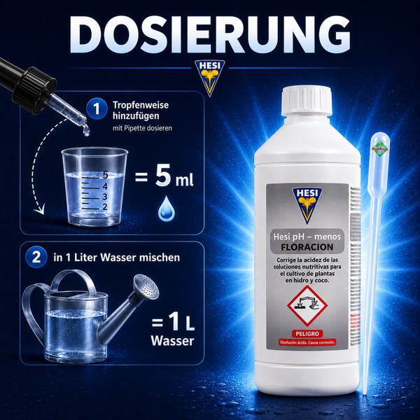 Hesi pH minus Floracion Flasche mit Dosieranleitung Pipette und Messbecher für die Anwendung bei Pflanzen im Gartenbau