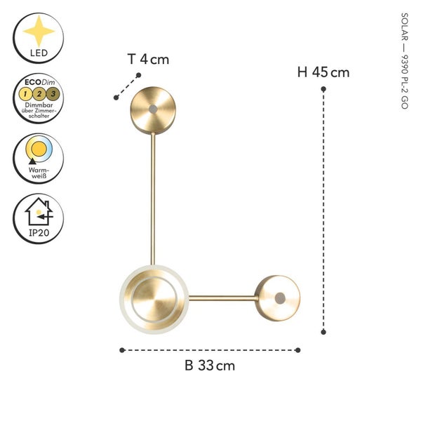 LED Deckenleuchte Gold, Höhe 45 Zentimeter, Breite 33 Zentimeter, Tiefe 4 Zentimeter, über Wandschalter dimmbar, warmweißes Licht, Schutzart IP20.