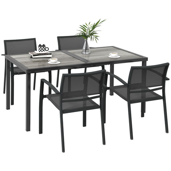 Outsunny 5 tlg. Sitzgruppe Gartenmöbel-Set, Gartengarnitur mit 1 Esstisch, 4 stapelbaren Stühlen, Sitzgarnitur, für Terrasse, Mesh, Dunkelgrau