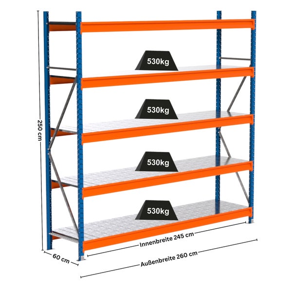 Lagerregal mit vier Ebenen und einer Traglast von 530 Kilogramm pro Ebene