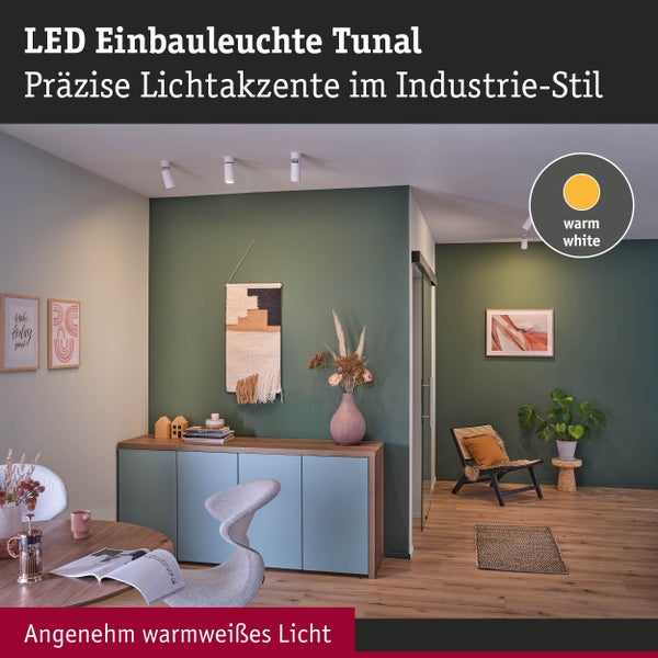 LED Einbauleuchte Tunal im Industrie-Stil sorgt für warmweißes Licht in einem hellen, modern eingerichteten Wohnbereich mit grünen Wänden.