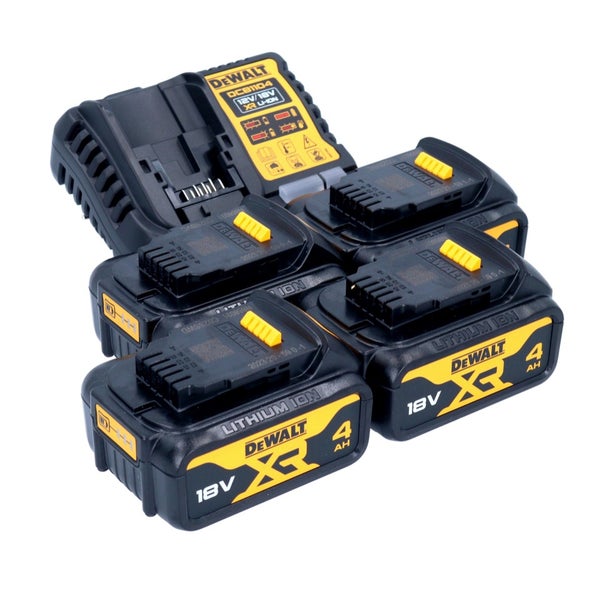 DeWalt Akku Starter Set bestehend aus einem Ladegerät und vier 18 Volt 4 Amperestunden Lithium Ionen Akkus.