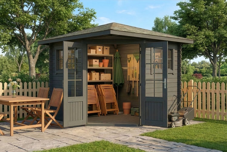 Gartenhaus aus Holz mit geöffneten Türen, organisiertem Innenraum, Gartenmöbeln und Werkzeugen auf einer Steinterrasse im hellen Garten.