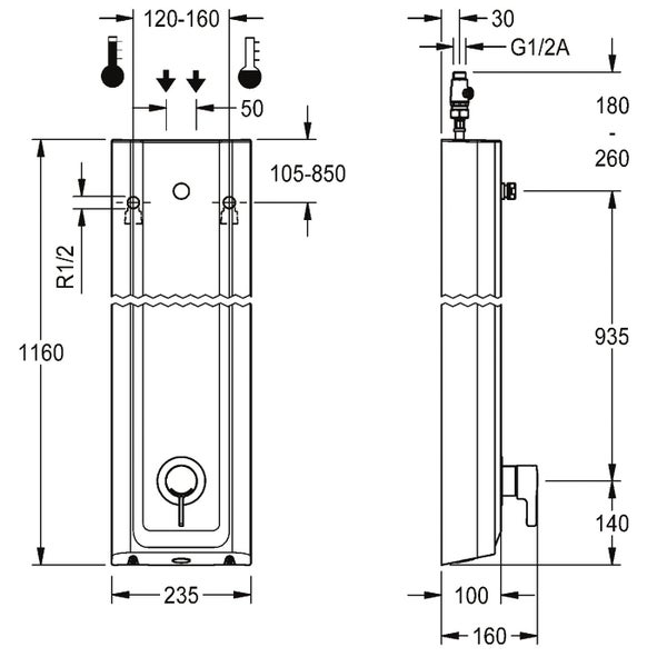 Technische Zeichnung mit Maßangaben für eine Duschsäule mit Armatur.