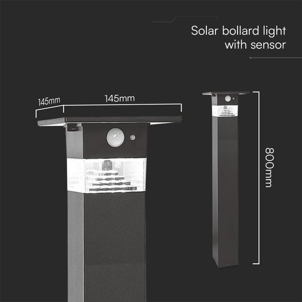 Solar-Wegeleuchte mit Sensor, Höhe 800 Millimeter, Breite 145 Millimeter, Tiefe 145 Millimeter, quadratisches Design mit Bewegungsmelder.