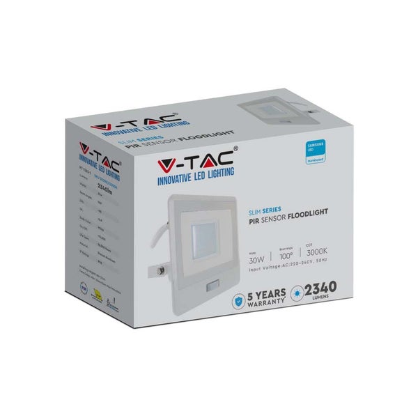 V-TAC VT-138S-1-W - LED-Flutlichtstrahler mit PIR-Sensor - Samsung - IP65 - Weiß - 30W - 2340