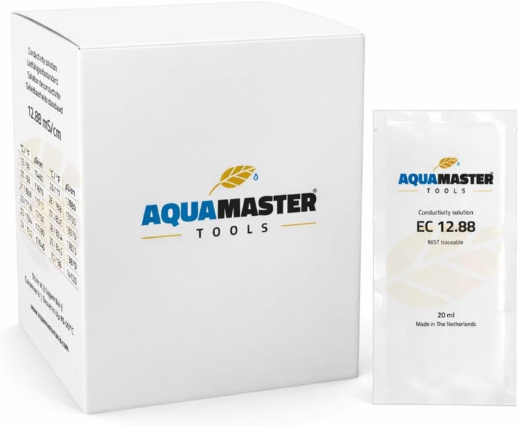 AquaMaster Tools Kalibrierlösung EC 12.88 zur Bestimmung der Leitfähigkeit, 20 Milliliter Beutel und Box.
