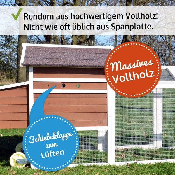 Mobiler Hühnerstall aus massivem Vollholz mit Schiebeklappe zur Belüftung, Rädern und Gitterauslauf.