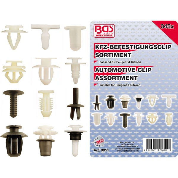 BGS technic Auto-Befestigungsclip Sortiment, 345 Stück, geeignet für Peugeot und Citroen