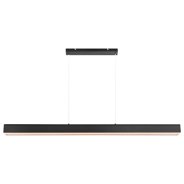 Moderne längliche Pendelleuchte aus schwarzem Metall und Holz.