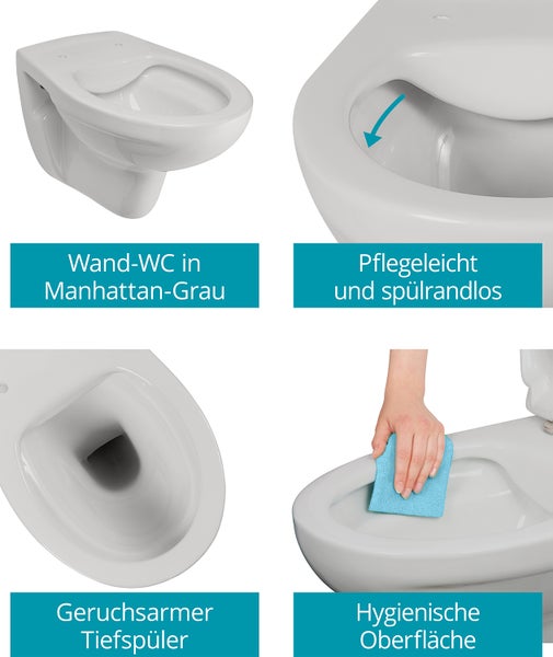 Calmwaters® Hänge WC spülrandlos in Manhattan-Grau, Wand-WC mit Abgang waagerecht, Tiefspül WC ohne Spülrand, Tiefspüler wandhängend, Wandtoilette aus Sanitärkeramik in Grau, 08AB6145