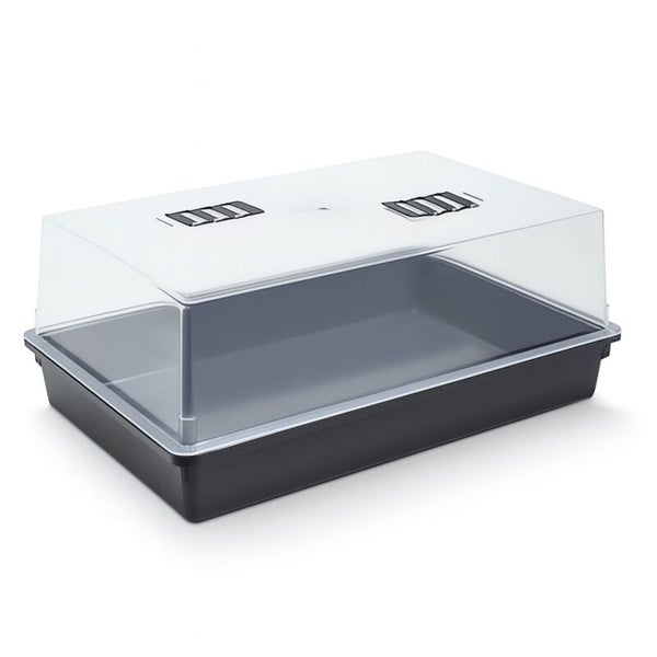 Zimmergewächshaus aus Kunststoff mit dunkler Bodenschale und transparenter Abdeckung mit zwei Belüftungsschiebern.