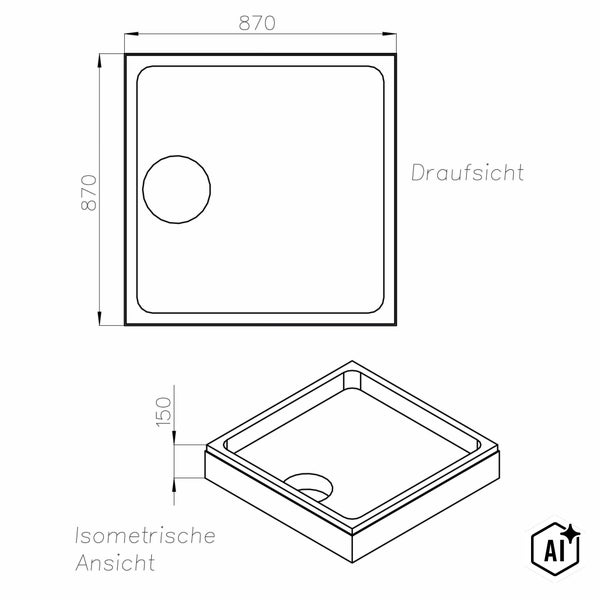 Maßzeichnung einer quadratischen Duschwanne mit 870 mal 870 Millimetern und 150 Millimetern Höhe in Draufsicht und isometrischer Ansicht