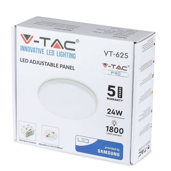V-TAC VT-625RD - Runde verstellbare LED-Mini-Panels - Samsung - IP20 - Weiß - 24W - 1800 Lumen -