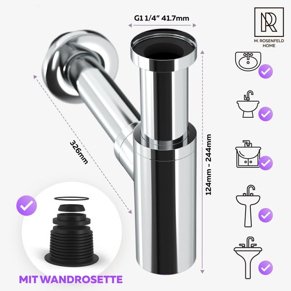 Siphon mit Wandrosette und Maßangaben