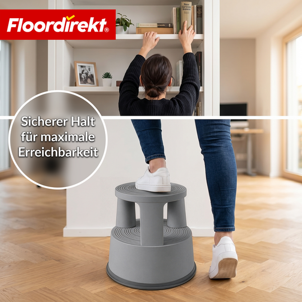 Person erreicht Regal mithilfe eines grauen Kunststoff-Rollhockers, Floordirekt Logo.