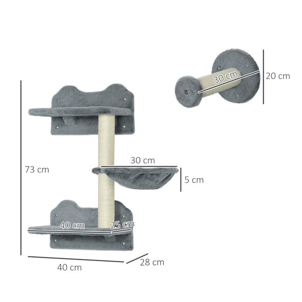 PawHut Katzen Kletterwand, 4-teilig, Katzenkletterwand, inkl. 1 x Sprungturm, 3 x Kratzbäume, Kletterwand Set, Kratzbaum mit Hängematte, Wandliege Katzen, Katzentreppe, Sisal, Grau+Beige