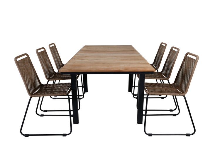 Mexico Gartenset Tisch 90x160/240cm und 6 Stühle stabelL Lindos schwarz, natur. 90 X 160 X 74 cm
