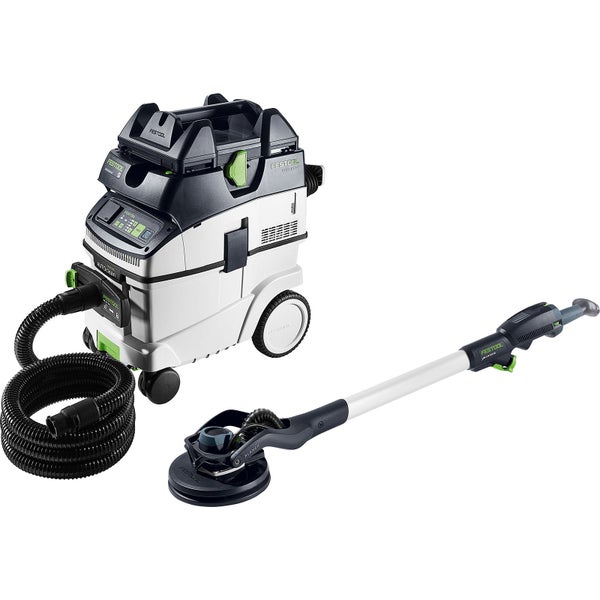 Festool Langhalsschleifer Planex und Absaugmobil Cleantec mit Saugschlauch für den Trockenbau.