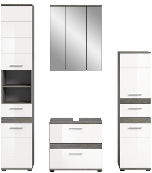 Mehrteiliges Badezimmermöbel-Set mit Hochschrank, Spiegelschrank, Waschbeckenunterschrank und Midischrank in Weiß und Grau-Eiche-Dekor.