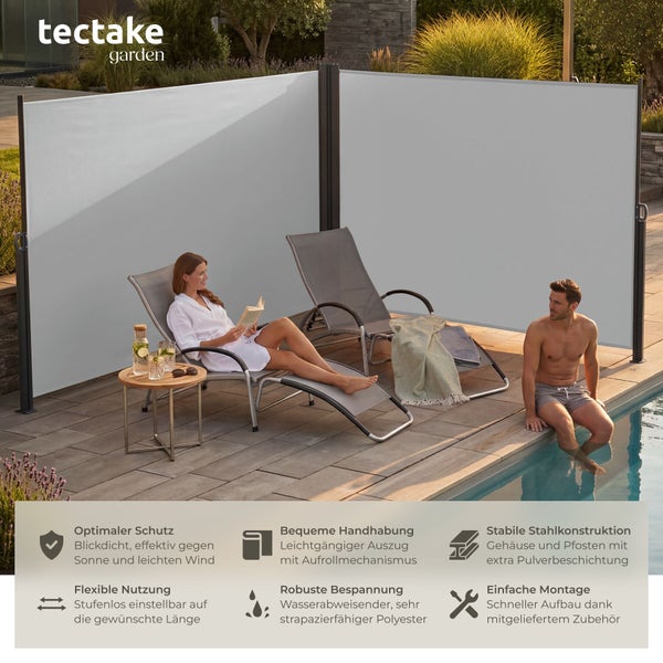Graue doppelte Seitenmarkise als Sichtschutz und Windschutz an einem Pool. Wasserabweisender Polyester und Stahlrahmen. tectake garden Logo.