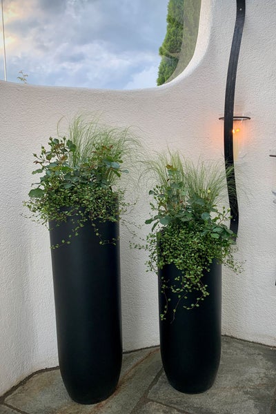 Zwei hohe schwarze zylindrische Pflanzgefäße mit Gräsern und Grünpflanzen auf einer Terrasse aus Stein.
