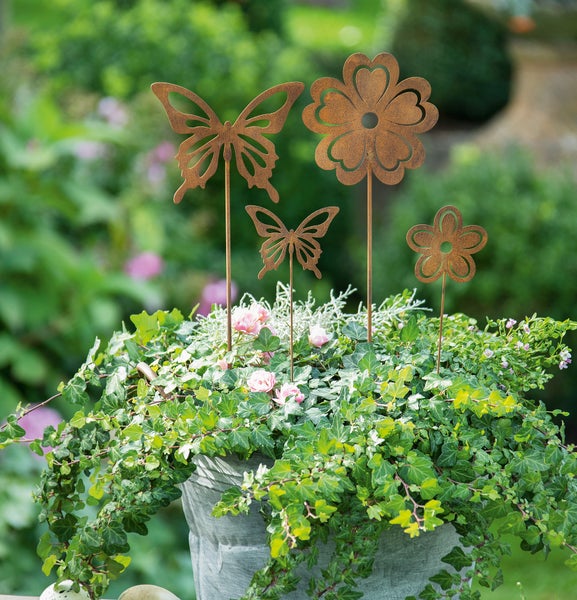 FRANK FLECHTWAREN | Stecker Blume & Schmetterling, 4er Set, METALL, H:34cm, H:36cm, H:52cm, H:55CM