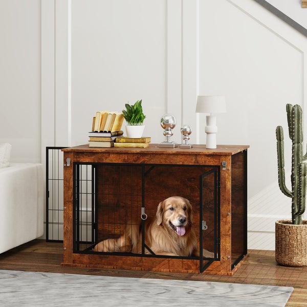 PawHut Hundekäfig Möbel, Hundebox für Zuhause, Beistelltisch für große Hunde unter 30 kg, Hundehaus mit 2 verschließbaren Türen, Stahl, 98 x 60 x 65,5 cm, Rustikales Braun