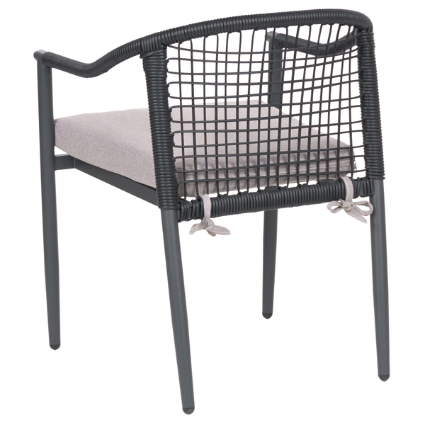 Gartenstuhl mit Armlehnen, Metallgestell, anthrazitfarbenes Seilgeflecht, Sitzkissen mit Bändern, Rückansicht.