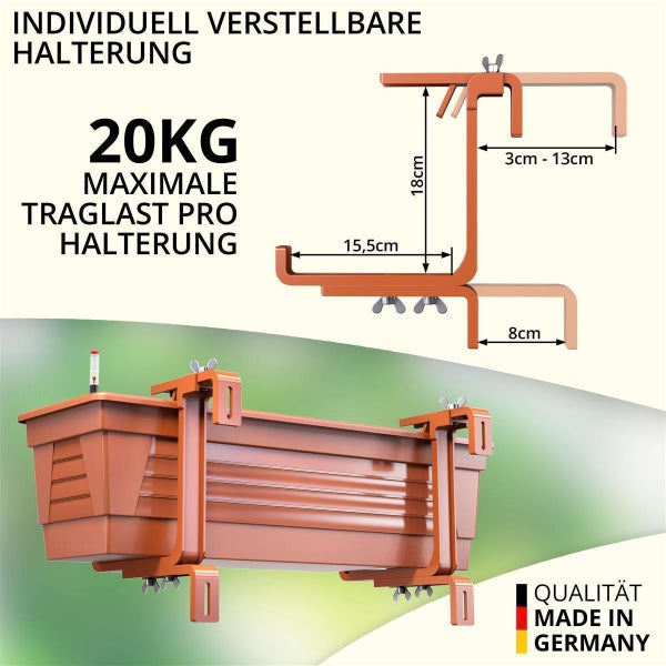 Plastard Blumenkasten 80 x 21 x 17 cm Terrakotta mit Hydroeinsatz, Wasserstandsanzeiger und passender Halterung