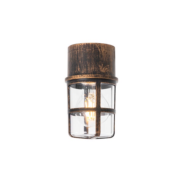 Außenwandleuchte oder Deckenleuchte im Industrie-Stil, Metallgehäuse in Bronze-Optik, klarer Glaszylinder mit Schutzgitter.