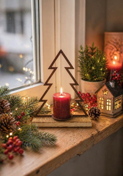 Weihnachtliche Tischdekoration mit einer Stumpenkerze in einem Tannenbaum aus Metall auf einem Holzsockel vor einem Fenster mit Tannenzweigen.