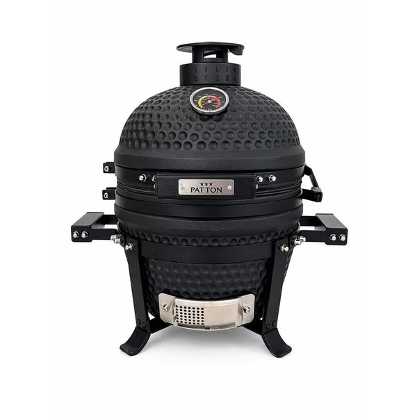 Patton Kamado Grill aus Keramik mit integriertem Thermometer, oberem Lüftungsventil und stabilen Standfüßen.