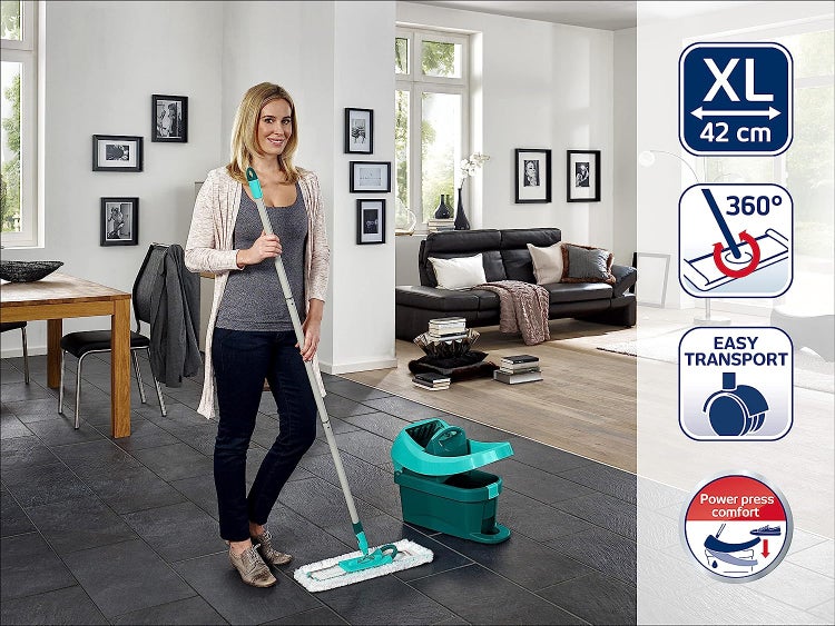 Leifheit Set Wischtuchpresse Profi XL mit Bodenwischer 146cm und Rollen, 1x Mikrofaser Bezug für alle glatten Böden & 1x elektrostatisches Staubtuch, Putzen ohne Bücken wie handgewrungen, Click-System