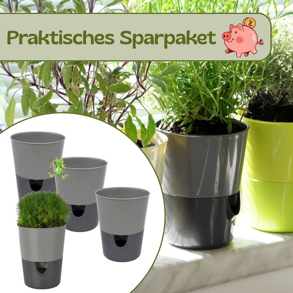 Praktisches Sparpaket mit vier grauen Kräutertöpfen mit Selbstbewässerungssystem, auf einer Fensterbank mit Pflanzen.