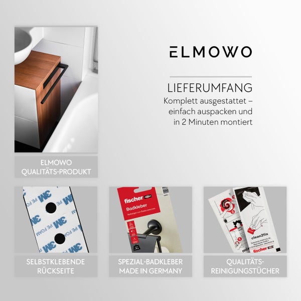 Infografik zum Lieferumfang des ElMowo Badaccessoire Sets mit Fischer Spezial Badkleber und Montagezubehör zur schnellen Anbringung ohne Bohren.