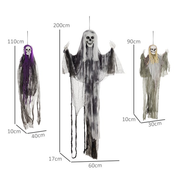 HOMCOM 3er-Set Halloween Dekoration 90/110/200cm Hängendes Skelett mit verstellbare Arme, Haustür Deko, Spukhaus-Requisite in Lebensgröße, für Hof Rasen, Garten, Party