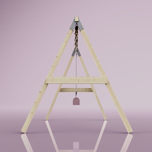 Schaukelgestell aus Holz mit zwei Schaukelsitzen.