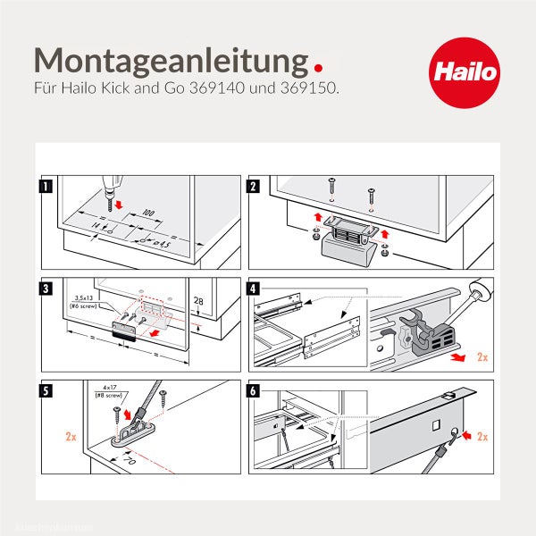 Montageanleitung für Hailo Kick and Go 369140 und 369150 in sechs Schritten. Hailo Logo.