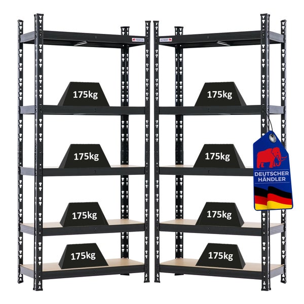 Zwei schwarze Metall-Schwerlastregale mit je fünf Böden. Tragkraft 175 Kilogramm pro Boden. Mit Proregal Logo und Siegel Deutscher Händler.