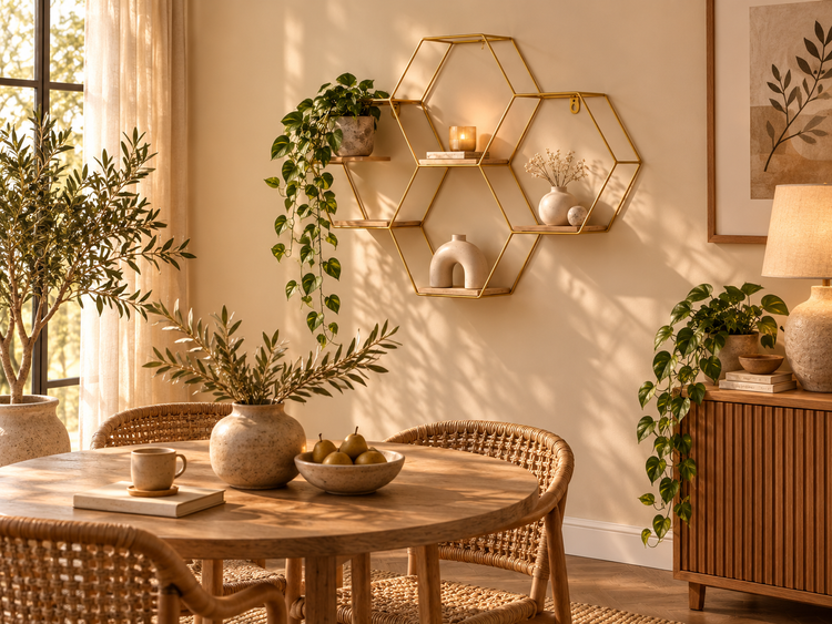 Esszimmer mit Holzesstisch, Rattanstühlen und einem sechseckigen Wandregal aus Metall an der Wand mit dekorativen Pflanzen und Wohnaccessoires.
